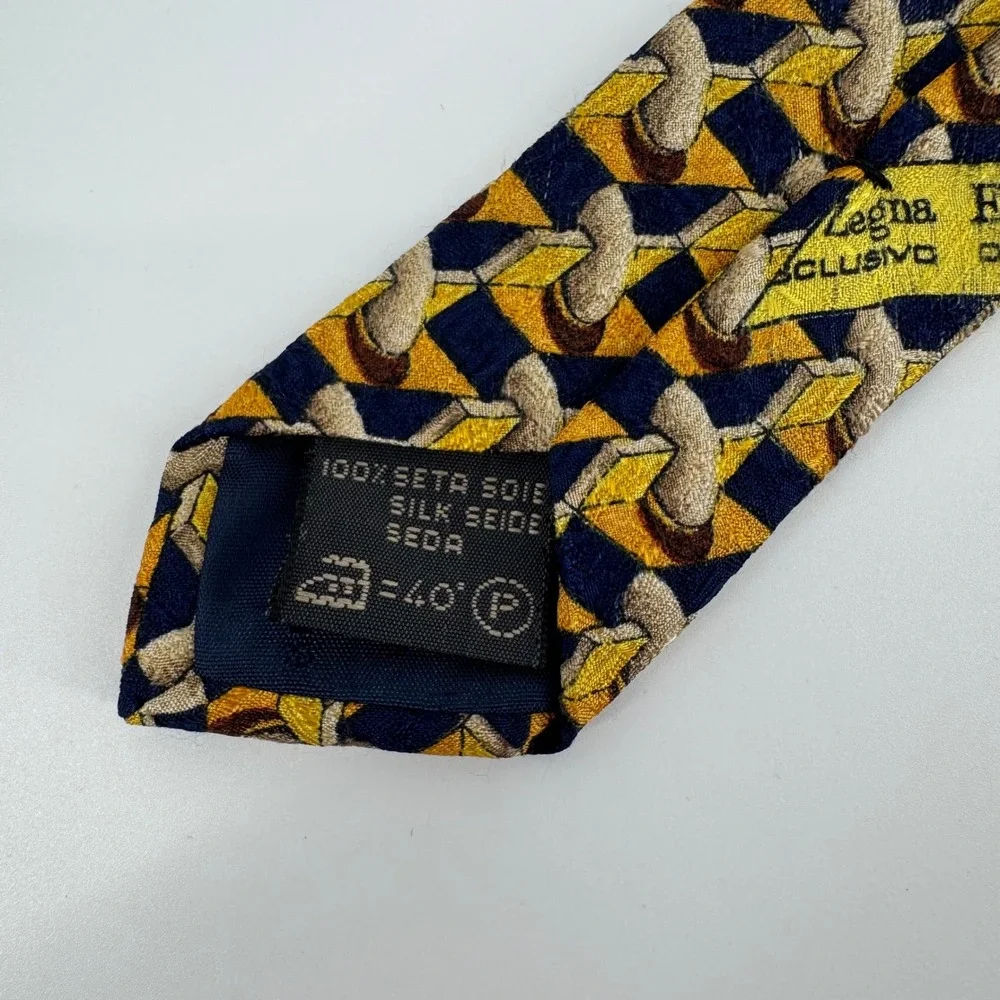 Ermenegildo Zegna Silk Tie – Gold & Blue Geometric Pattern, Made‎ in Italy